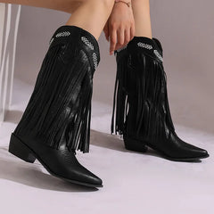 Fringe Western Boots Pink Sweet Embroidered Boots Brown Tassels Block Medium Heels Shoes Plus Size 48 Lady