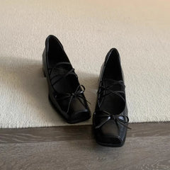 Genuine Leather Bow Decorated Flat Shoes with Cross Straps Thick Heels Mary Jane Shoes Shallow Mouth Comfortable Loafers