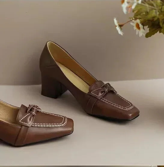 retro square toe high heels and butterfly decorative office girl mid-heeled shoes