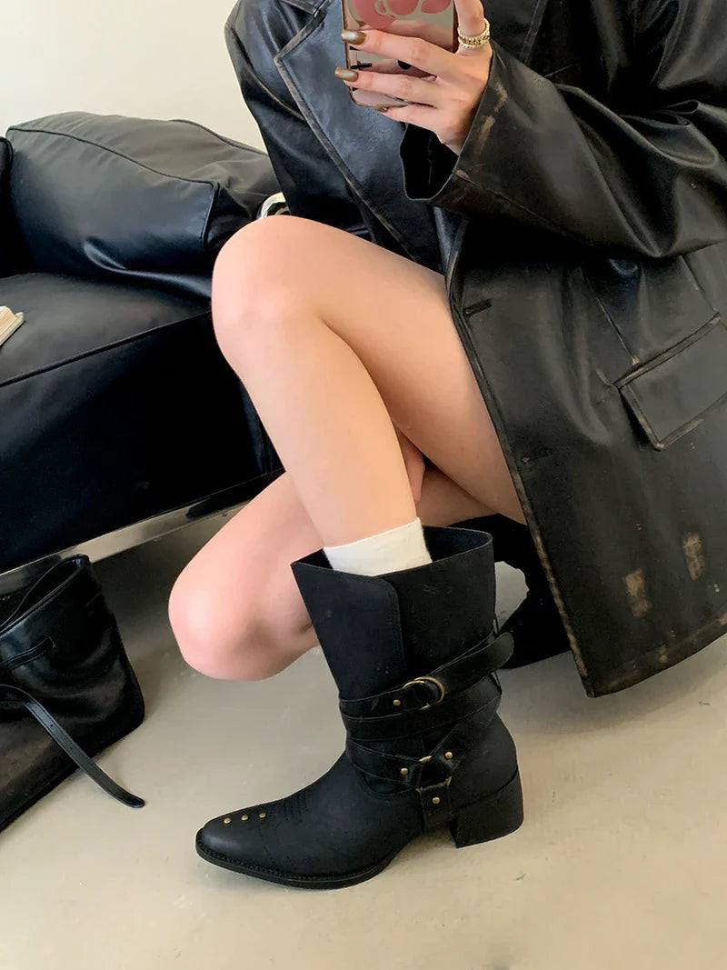 Black Chunky Heels Ankle Boots Woman Pointed Toe Rivet Fall Shoes Belt Buckle Western Style Cowboy Boots Zapatos Mujer