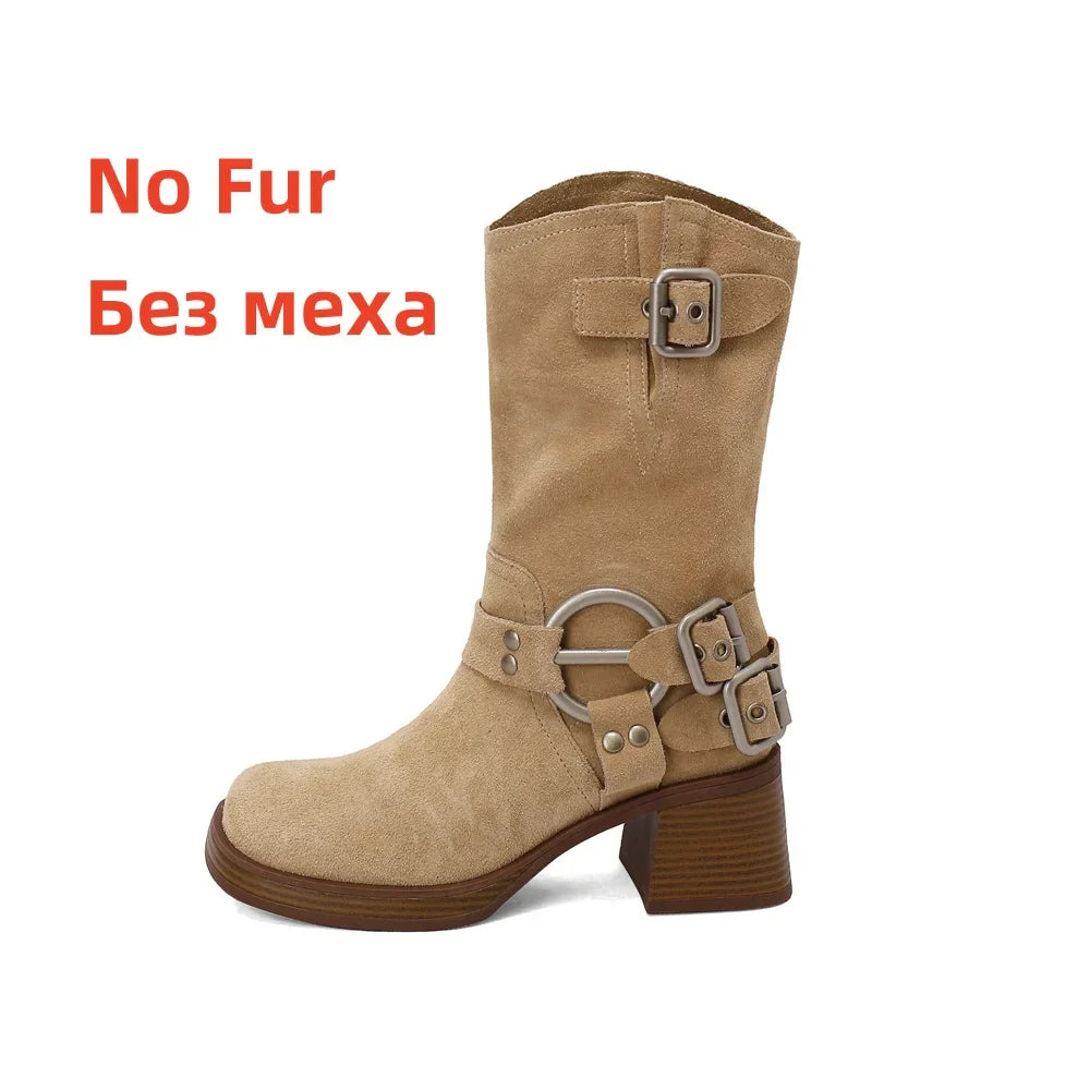 Cow Suede Leather Mid-calf Boots Thick High Heels Warm High Boots Motorcycle Boots Shoes