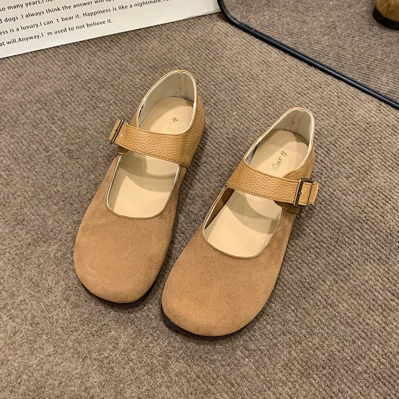 Leather Buckle Low Heel Mary Jane Shoes Soft Sole Casual Flat Shoes