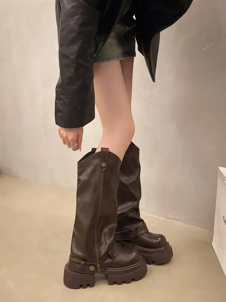 Knee High Boots Western Round Toe Long Boots Western Shoes Chunky Heel Platform
