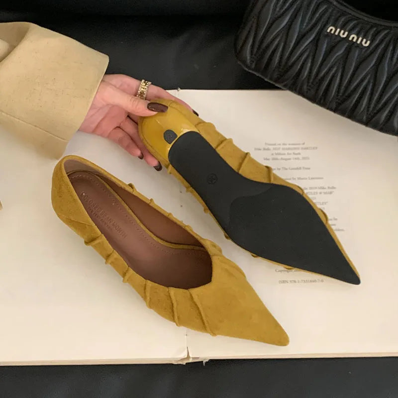 Brand Shoes Pleated Pointed Toe Shallow Slip On Boat Shoes Thin Low Heel Single Shoes