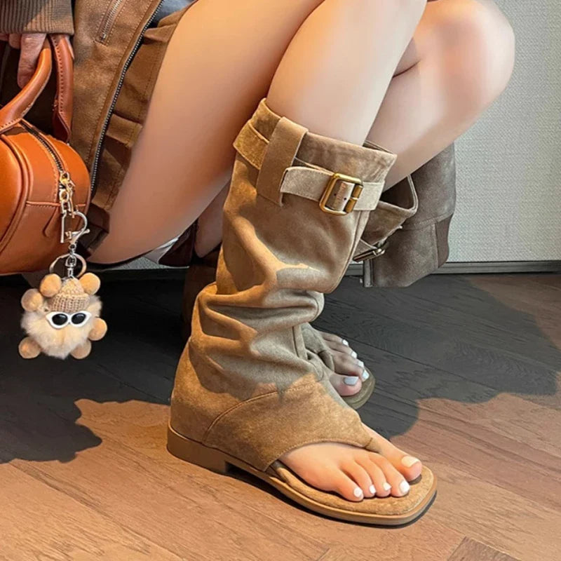 Internal Elevation Knee High Boots Retro Style Clip Toe Shoes Causal Slip On Sandalias Booties