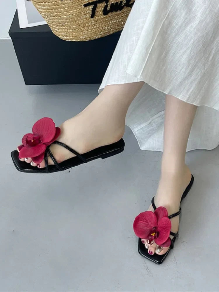Flower Narrown Band Low Heels Slippers Square Toe Casual Beach Shoes Size 35-43