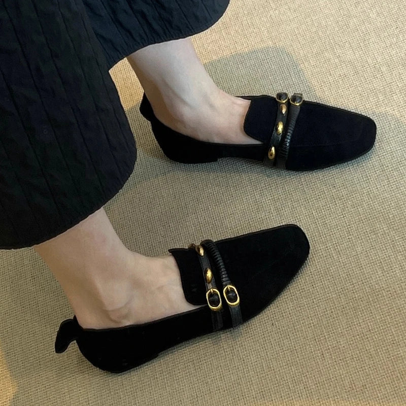 British Style Suede Square Toe Loafers Retro Belt Buckle Design Flats Shoes Comfortable Casual Commute Office Shoe