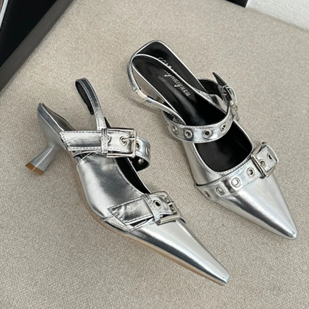 Pumps Belt Buckle Pointed Toe Black High Heel Mule Slides Half Slipper