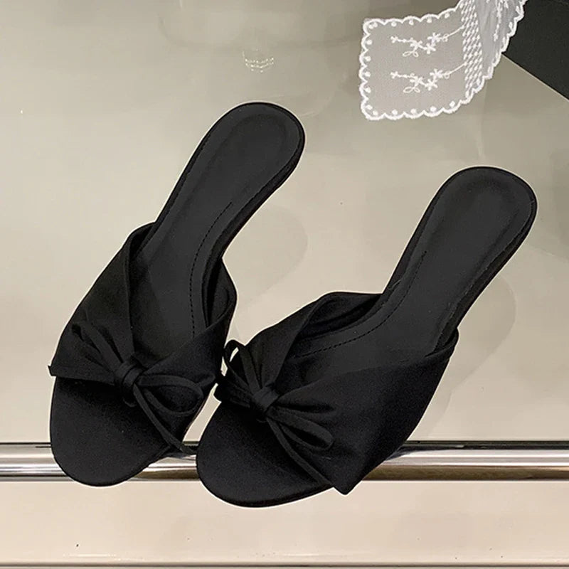 Silk Butterfly Knot Sandals Shallow Open Toe Thin Low Heels Mules Slides Shoes Zapatos Mujer