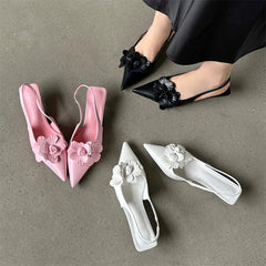 Flower Pointed Toe Thin Low Heels Elegant Wedding Slingback Shoes Mules Zapatos De Mujer