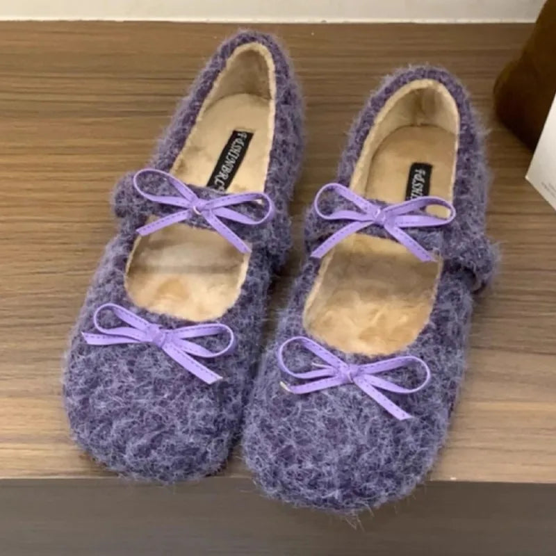 Elegant Purple Fluffy Warm Ballet Flats Fall Bow Design Flat Loafers Comfortable Soft Sole Mary Jane Shoes