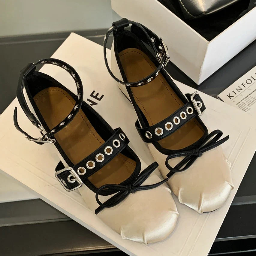 Rivet Ballerina Shoes Flat Mules Shoes Fashions Round Toe Skeleton Ballet Shoes Casual Metal Decoration Mary Jane Pumps
