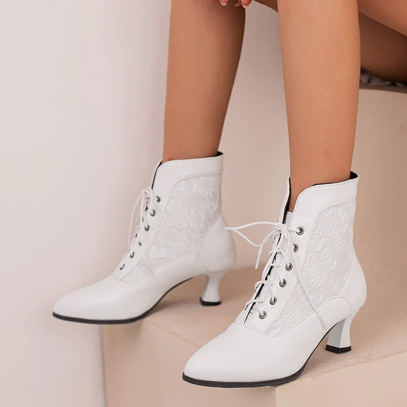 White Red Victorian Pointed Toe Ankle Boots PU Leather Embroidered Laces Punk Cross-tied Kitten High Heel Shoes Plus Size