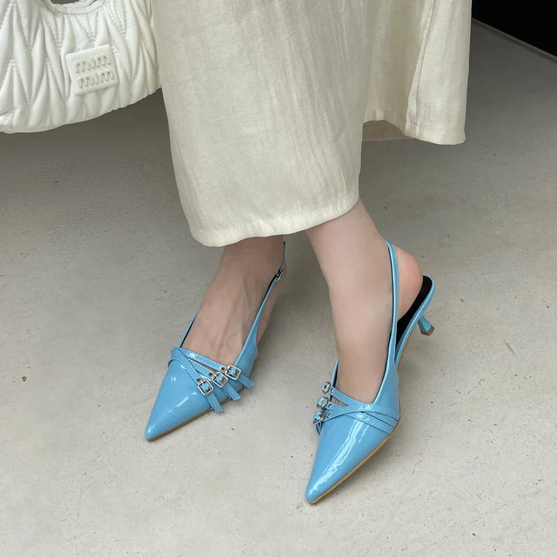 Orange Ladie Pumps Pink High Heels Pointed Toe Slingback Shoes Belt Buckle Low Heel Office Shoes Blue
