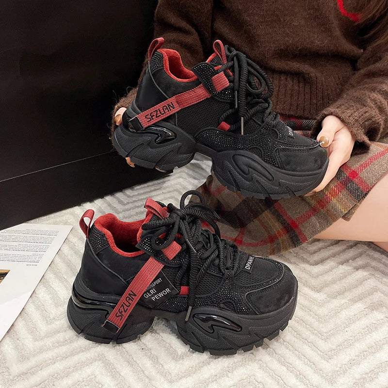 Crystal Chunky Sneakers Comfortable Lace Up Platform Dad Shoes Woman Breathable Mesh Running Sneakers