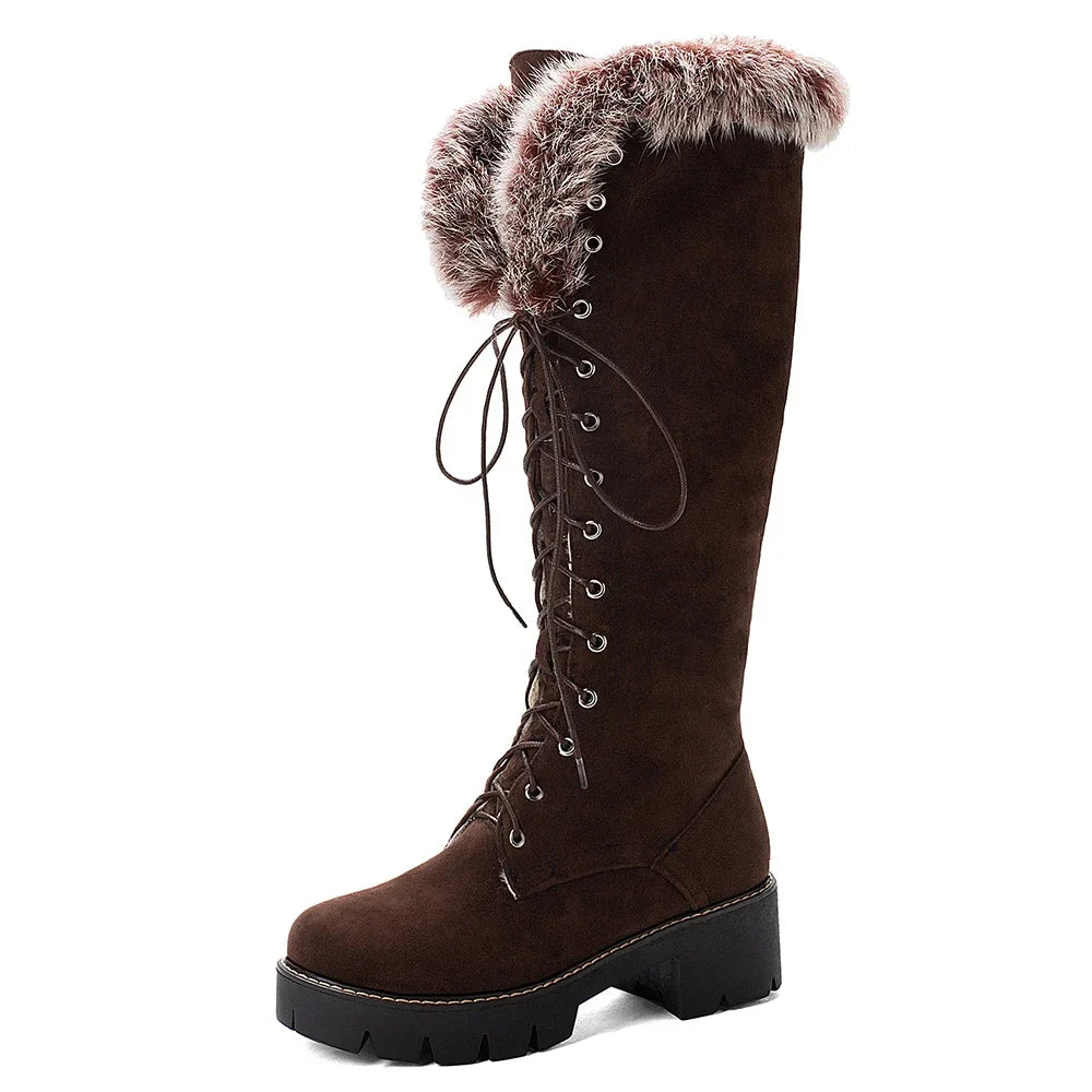 Lace-up Shoes Snow Boots Real Fur Boots Knee High Suede Thick Heel Warm Outdoor with Zip Big Size 43