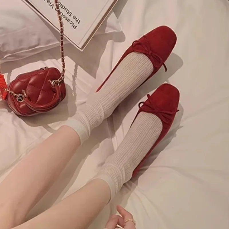 Suede Bow Ballet Style Flat Shoes Square Toe Shallow Mouth Loafers Shoes Outdoor Comfortable Shoes