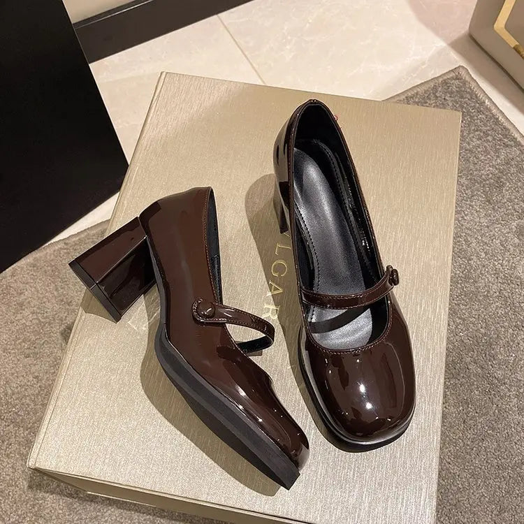 French Retro Leather Chunky Mary Jane Shoes Soft Soled Slip-on High Heels JK
