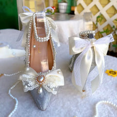 Original Handmade Lolita Shoes Flower Wedding Gorgeous High Heels Loli Sparkling Pearl Bow Princess Pumps Wedding Shoes Bride