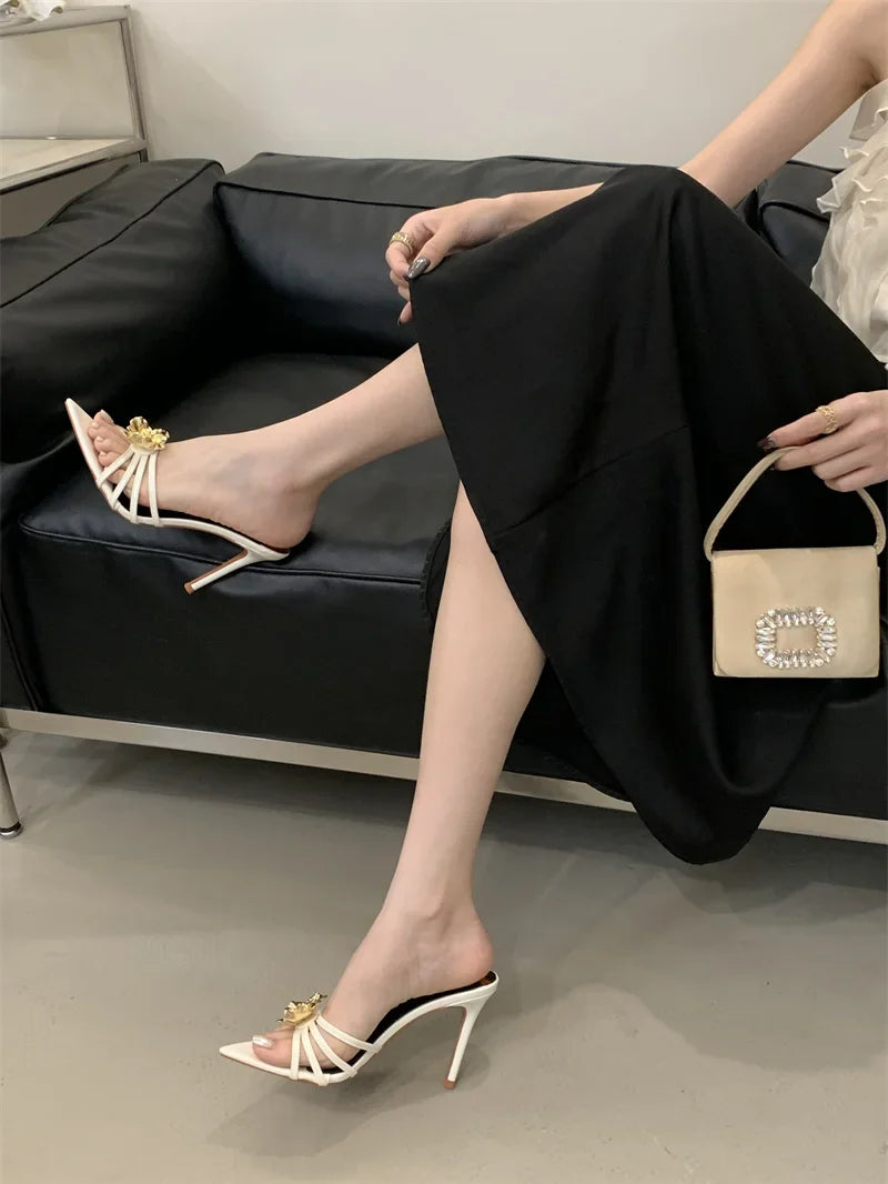 Pointed Toe White High Heels Party Slippers Metal Flowers Sandal Banquet Shoes Mules Slides