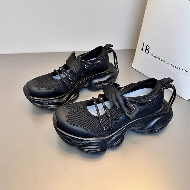 Breathable Mesh Hollow Out Thick Bottom Casual Sports Shoes Thin Mary Jane Shoes Magic Tape Leisure Sports Shoes