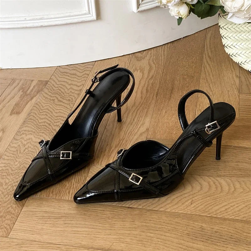 Street Style Buckle Strap Thin High Heels Pointed Toe Wedding Banquet Mule Shoes Zapatillas De Mujer