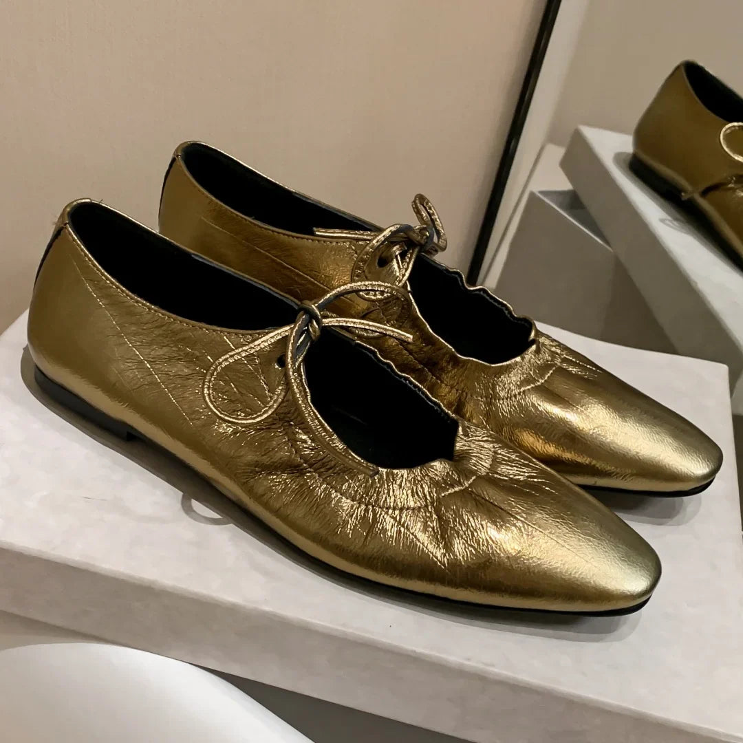 genuine leather pleated lace-up ballet flats round toe high quality soft comfortable ballerinas shoes