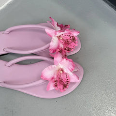 Pink Flower Flats Slippers Beach Round Toe Flip flops Flats Slippers Slides Sandals Shoes