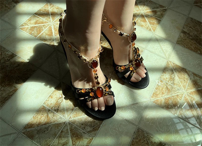 Bohemian Style Gem Ankle Strap Sandals Silk Open Toe Gladiator High Heels Wedding Prom Shoes Zapatos Mujer
