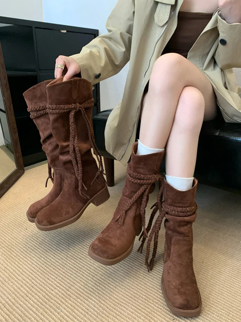 Brown Suede Boots Woman Round Toe Chunky Heels Boots Fall Black Rocks Shoes Botas Western Cowboy Feminina