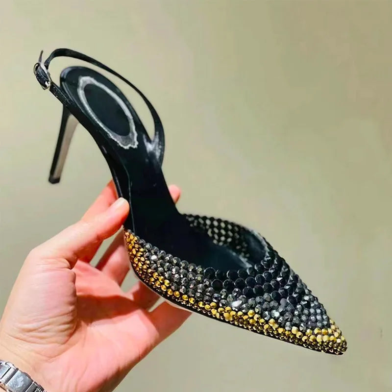 Rhinestones Gradient Slingbacks Bling Crystal Banquet Stiletto High Heels Party Prom Shoes