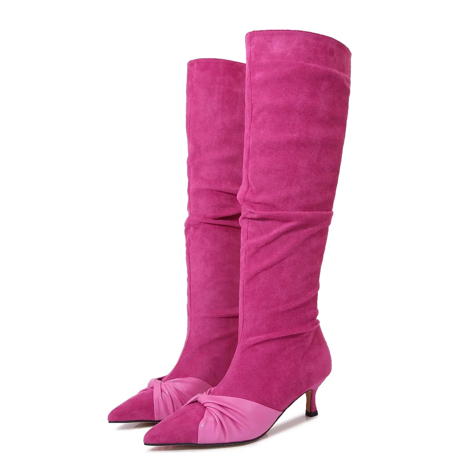 High Heels long boots shoes pointed toe leather bowknot flock knee high botas mujer 41-43 big size booties