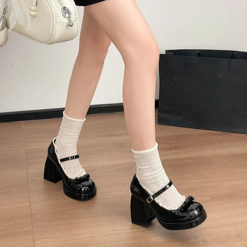 Platform High Heel Mary Jane Shoes Butterfly-knot Lace Shoes 2026 Wedding Party Shoes