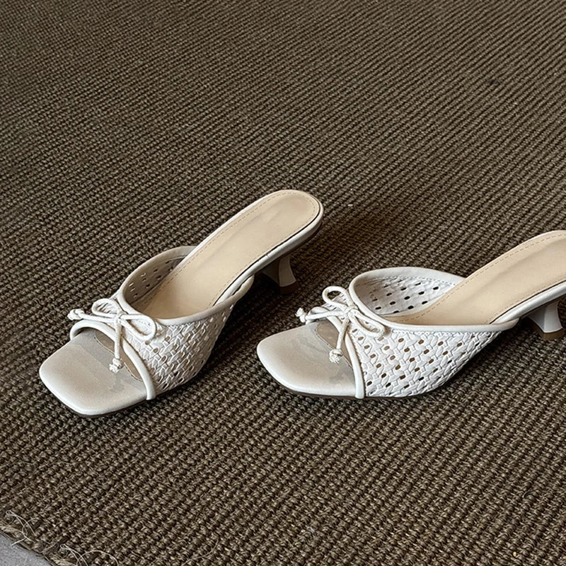 Butterfly-knot Woman Slippers High Heel Slides Concise Party Dress Shoes