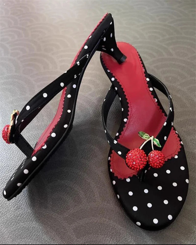 Bohemian Style Polka Dot Round Toe Thin Low Heels Slippers Mules Slides Shoes Crystal Rhinestone Sandals Flip Flops