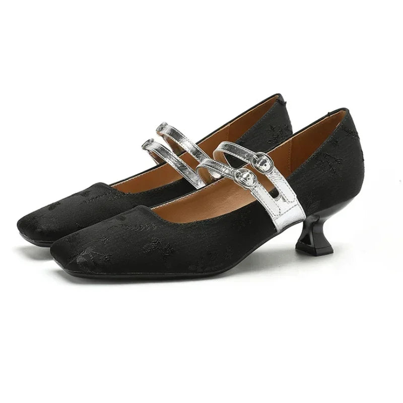 High Heels Silk Square Toe Elegant Comfort Belt Buckle Low Heel Shoes