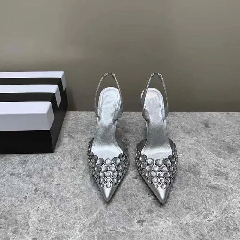 Super Beautiful Rhinestone Shallow Stiletto Pointed Shoes Roman Cut-out High Heeled Sandals