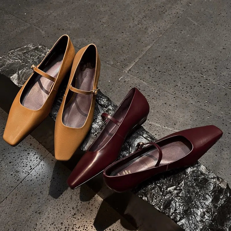 Genuine Leather Mary Jane Shoes Sandals Buckle with Square Toe Soft Bottom Shoes