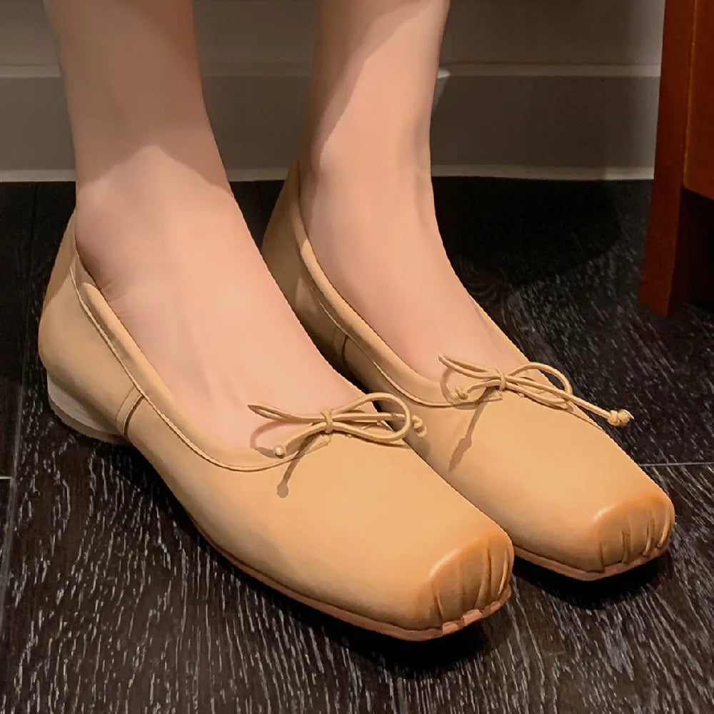 cow leather square toe slip-on ballet flats sweet bowtie casual high quality soft comfortable shoes