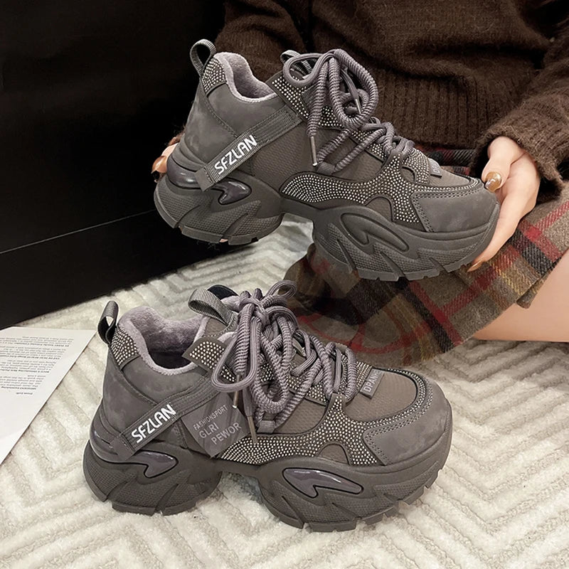 Crystal Chunky Sneakers Comfortable Lace Up Platform Dad Shoes Woman Breathable Mesh Running Sneakers