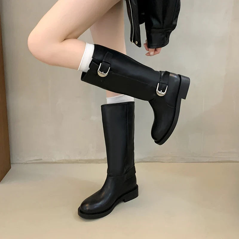 Belt Buckle Knight High Boots Thick Heel Shoes Vintage Slip On Slim Long Booties Zapatos De Muje