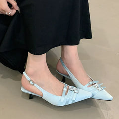 Silk Medium Heels Pumps Shoes Pointed Toe Footwear Shallow Thin Heels Sandals Shoes