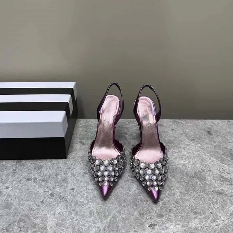 Super Beautiful Rhinestone Shallow Stiletto Pointed Shoes Roman Cut-out High Heeled Sandals