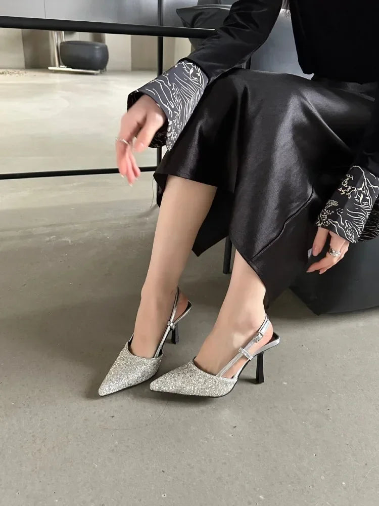 Bling Design Mules Sandals Pointed Toe Thin High Heels Back Strap Banquet Pums