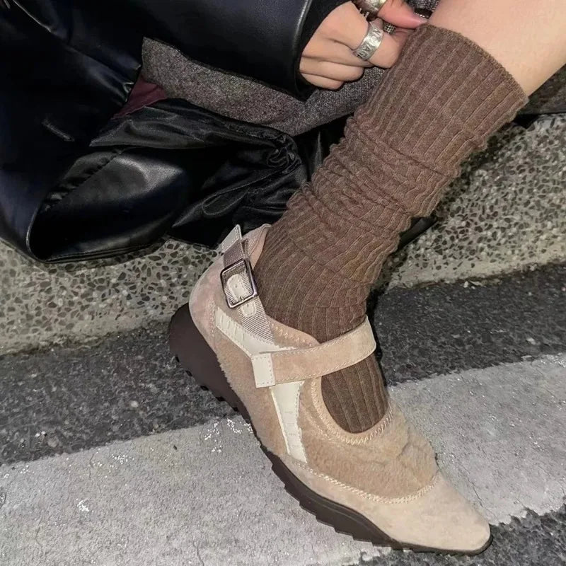 Casual Mary Jane Shoes Ins Style Pointed Toe Shallow Hook Loop Belt Buckle Street Sandals Brown/apricot Pumps