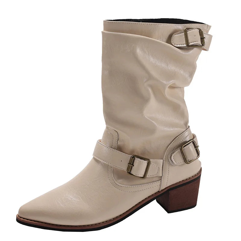 Western Cowboy Boots Vintage Slip On Thick Heel Shoes Mid Calf Botas Zapatos De Mujer