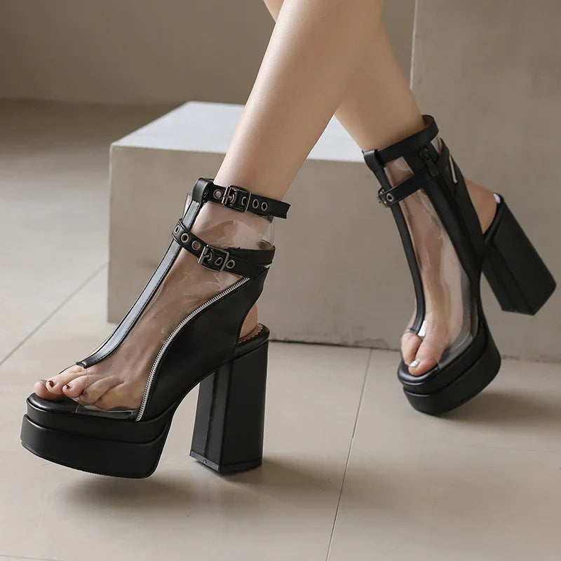 Brand Chic Thick Platform 12cm Super High Heels Ankle Boots Peep Toe Transparent Belt Buckle Slingback Shoes
