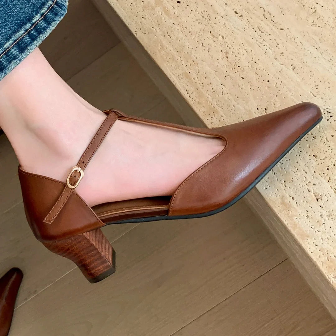 cow leather kitten heel pointed toe t-strap pumps retro gradient color elegant evening dress sandals shoes woman