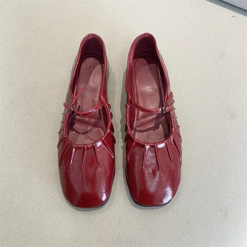 Pleated Mary Janes Flats Shoes Square Toe Pu Leather Comfortable Elegant Red Shoes Shallow Black Ballet Flats