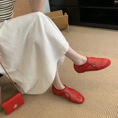 Red Ballet Flats Low Heel Pumps Mesh Mary Jane Shoes Comfort Flat Shoes Black Round Toe Beach